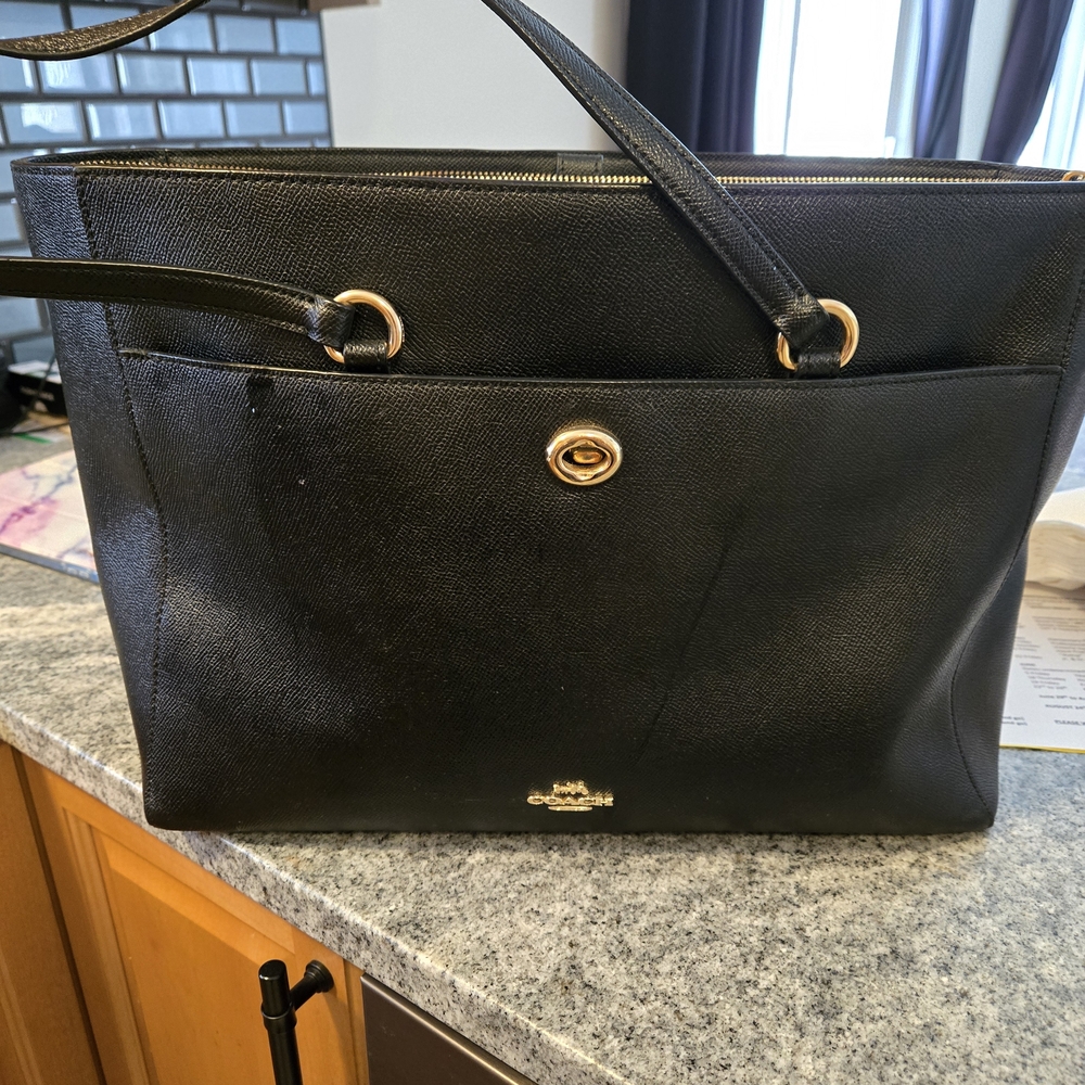 Coach Black Leather Tote with Gold-Tone Turnlock